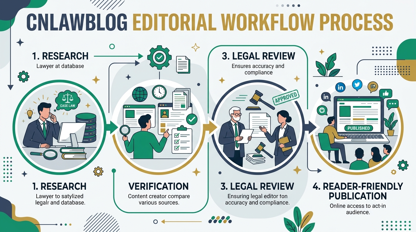 CNLawBlog Editorial Workflow Infographic: Research, Fact-Checking, and Plain-English Conversion